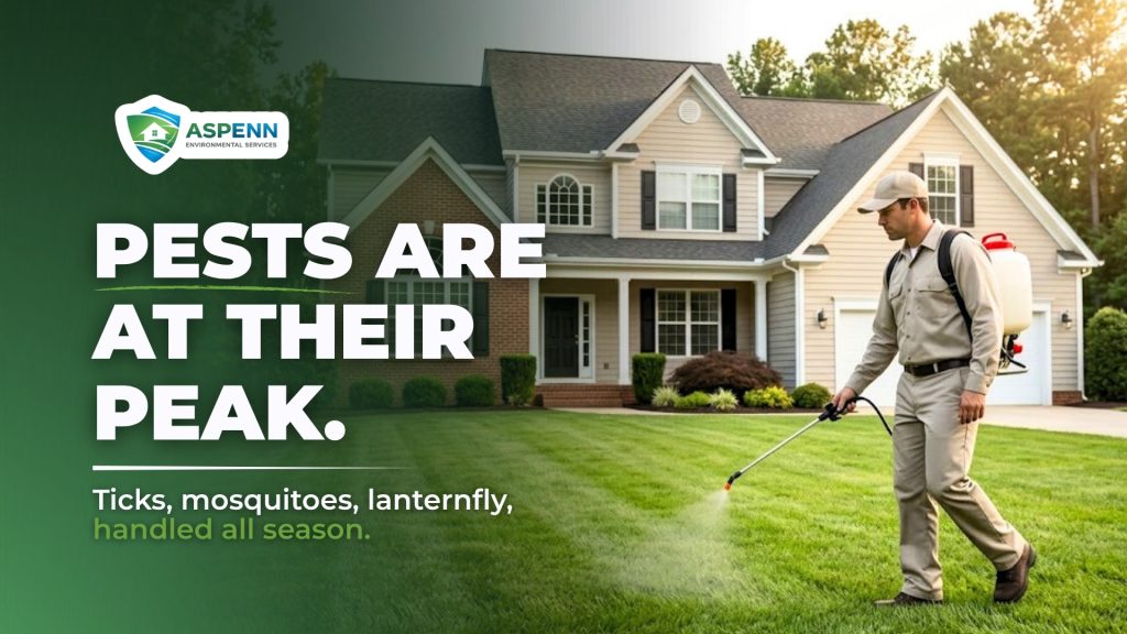 Technician spraying lawn for pests outside home